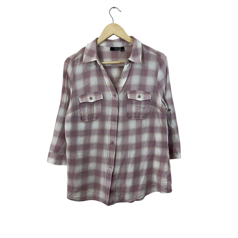 ANA A New Approach Large Button Front Shirt Plaid 3/4 Sleeve Roll Tabs Womens